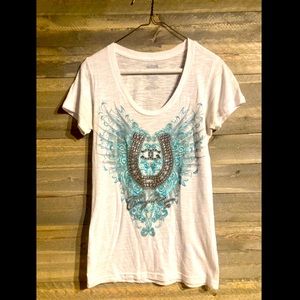 Teal and white horseshoe cowgirl tshirt.